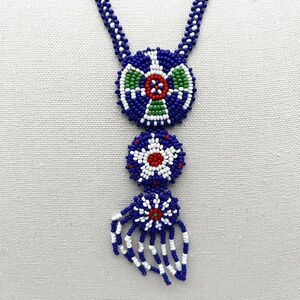 Vintage Handmade Blue Seed Bead Necklace Dream Catcher Boho Hide Leather Back